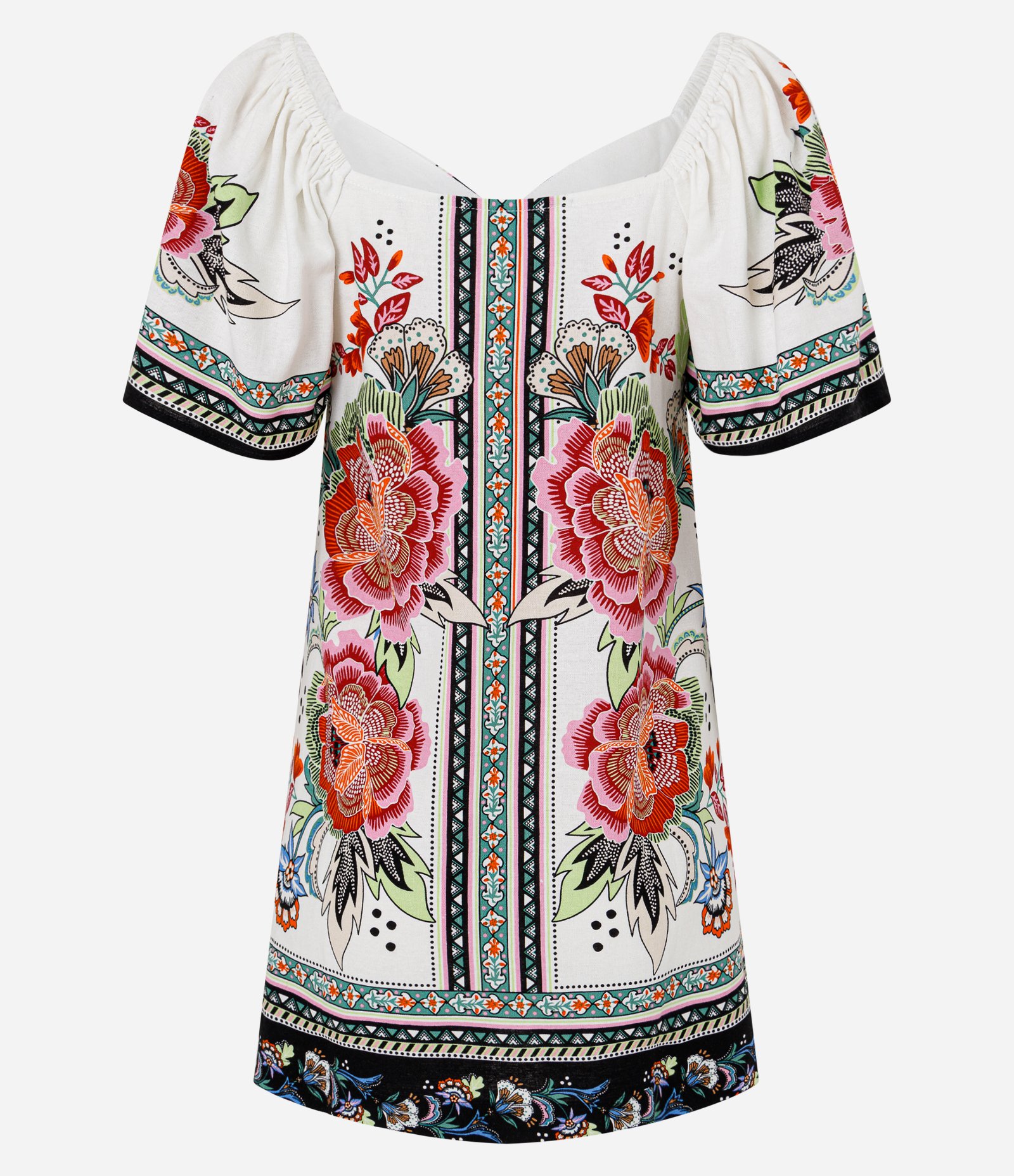 Vestido Curto em Viscose e Linho com Estampa Etnica Floral Branco 8