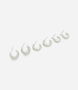 Kit 03 Brincos Argolas em Metal Formato Gota Bold e Croissant