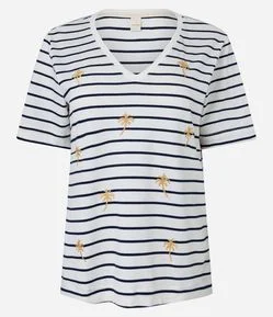 Blusa em Viscose Listada com Coqueiros Bordados