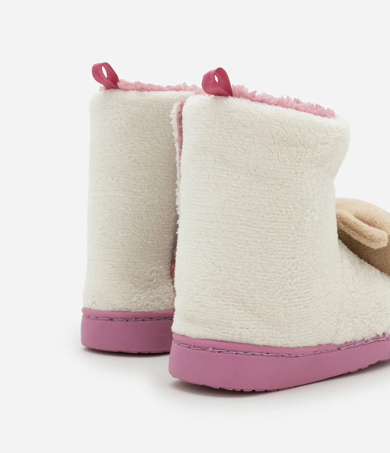 Pantufa Botinha Infantil em Fleece com Bordado de Ursinha - Tam 19 a 28 Bege/Rosa 2