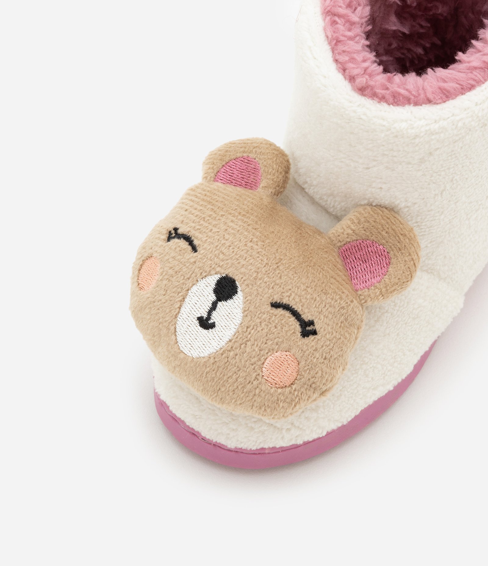 Pantufa Botinha Infantil em Fleece com Bordado de Ursinha - Tam 19 a 28 Bege/Rosa 3