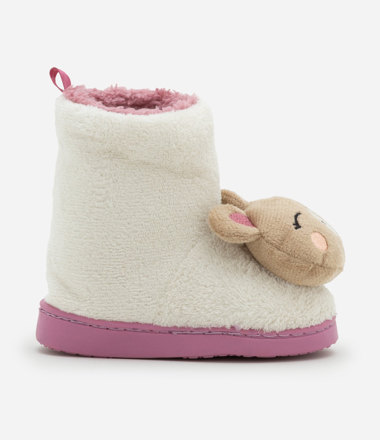 Pantufa Botinha Infantil em Fleece com Bordado de Ursinha - Tam 19 a 28 Bege/Rosa 6