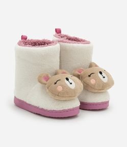 Pantufa Botinha Infantil em Fleece com Bordado de Ursinha - Tam 19 a 28