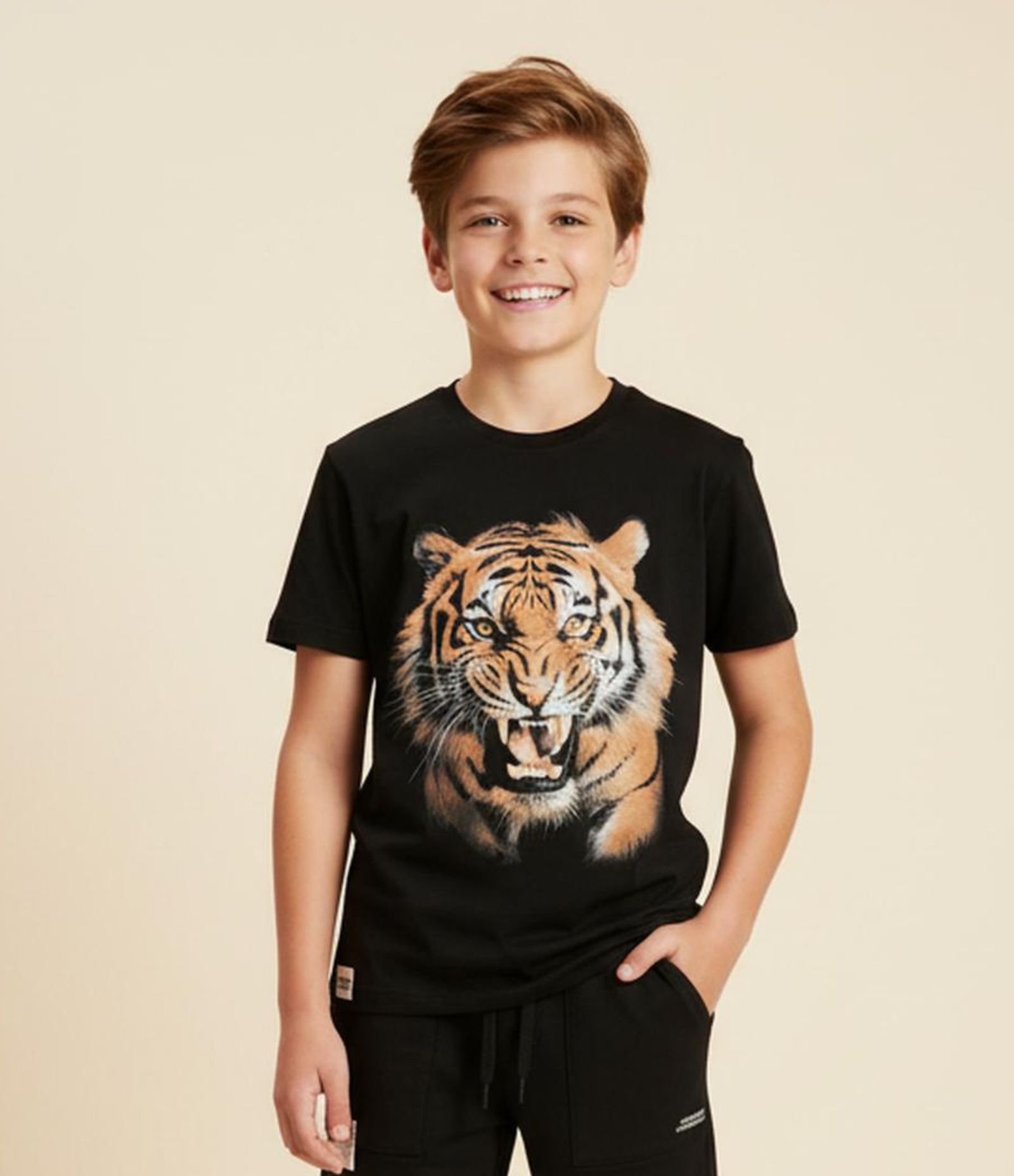 Camiseta Infantil em Algodão com Estampa de Tigre - Tam 5 a 14 Anos Preto 1
