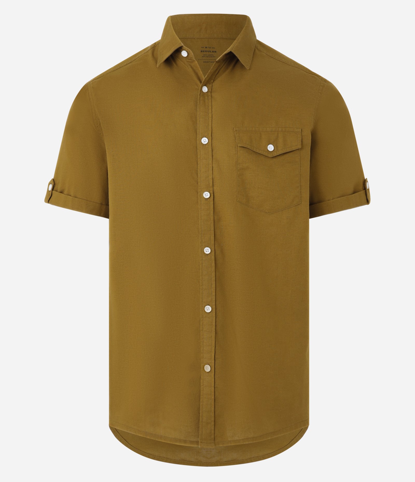 Camisa Comfort em Linho com Bolso e Dobra na Manga Amarelo 1