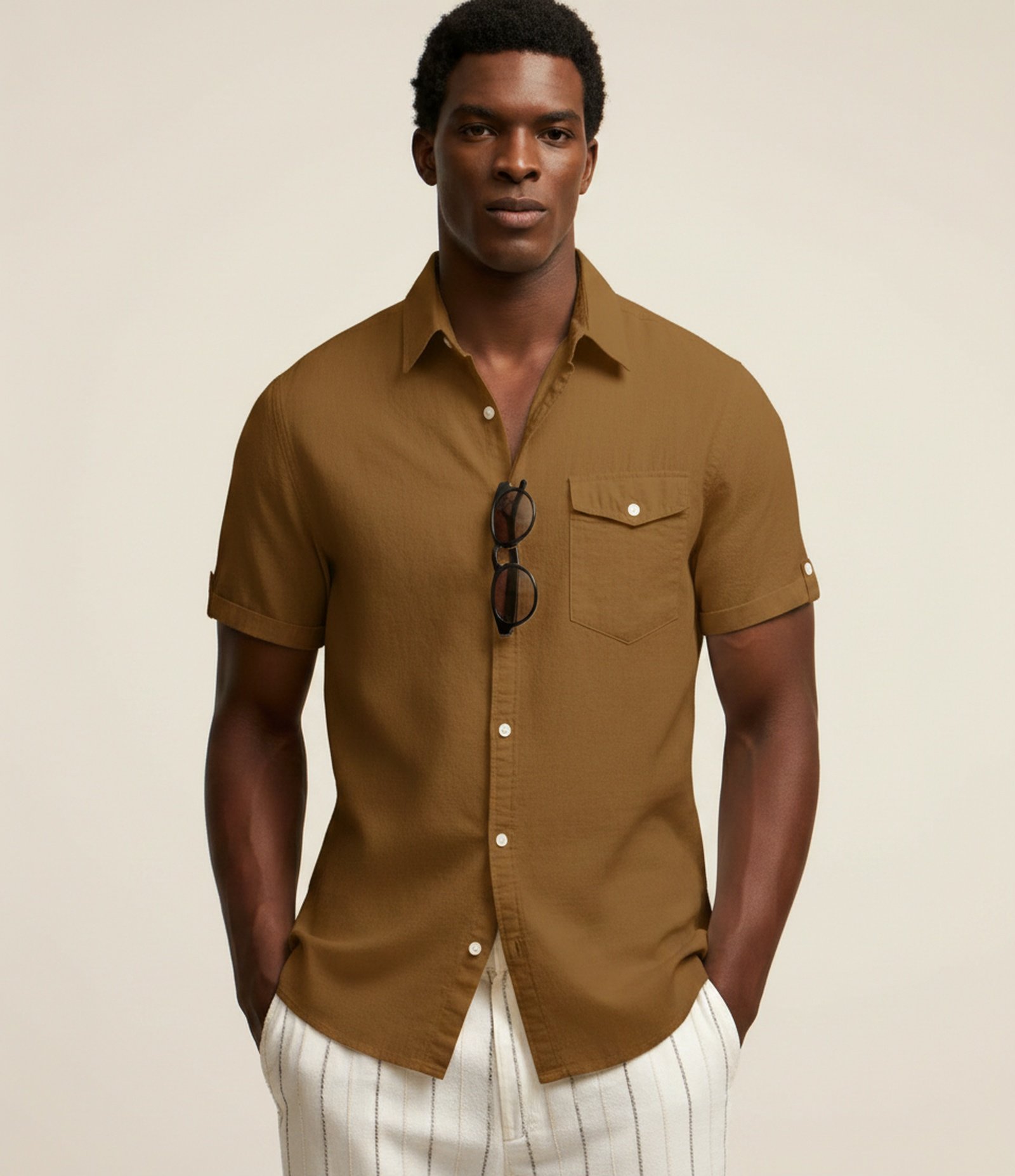 Camisa Comfort em Linho com Bolso e Dobra na Manga Amarelo 1