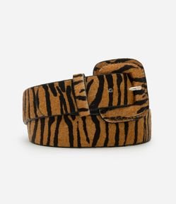 Cinto Médio em Couro com Animal Print e Fivela Forrada