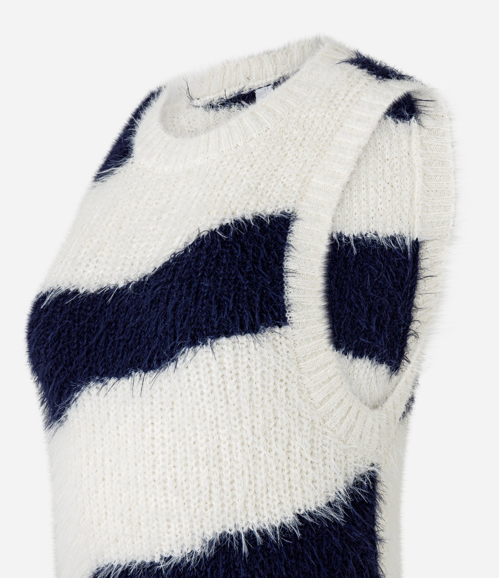 Colete em Tricô Listrado com Pelinhos Branco/Preto 5