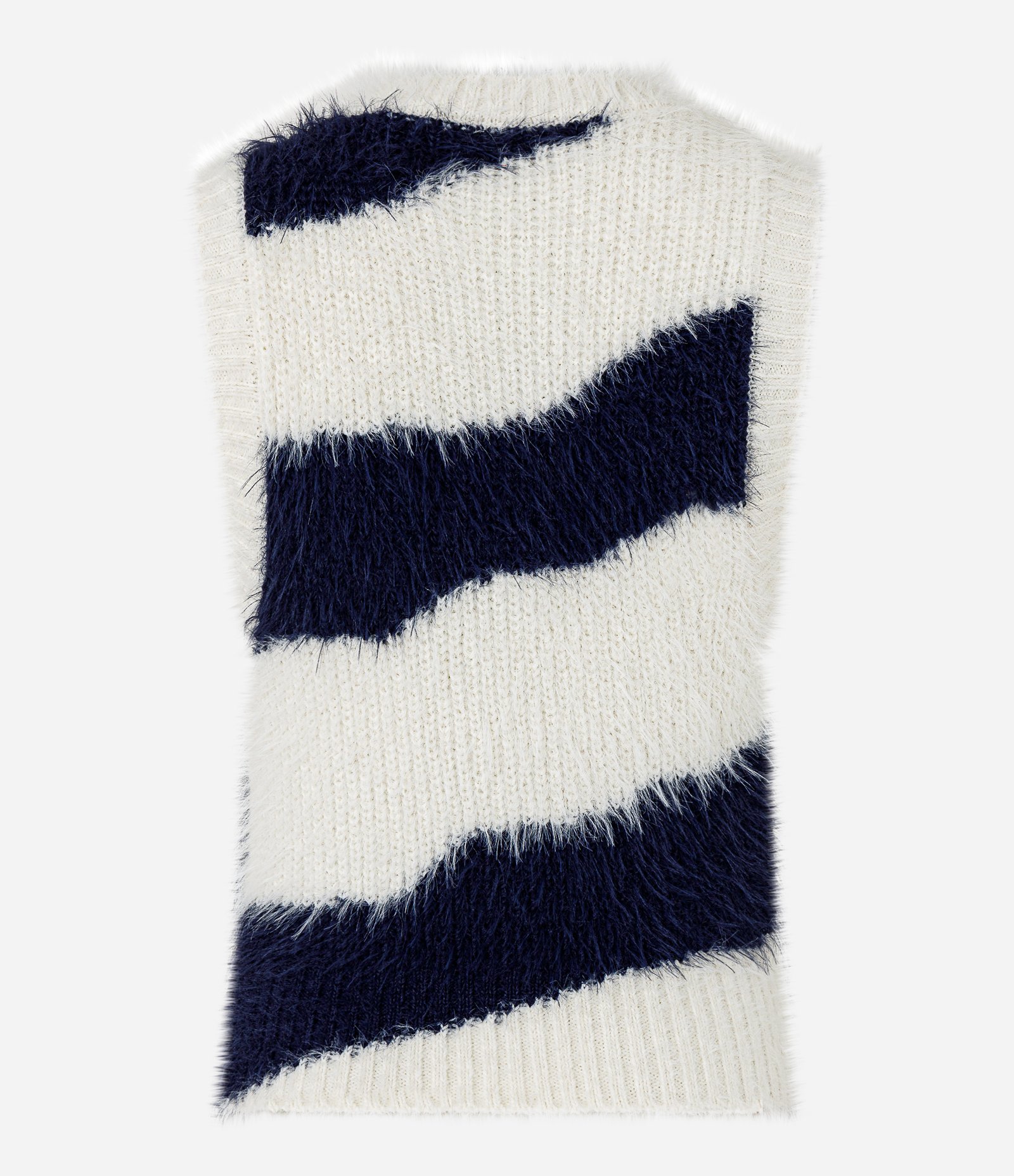 Colete em Tricô Listrado com Pelinhos Branco/Preto 6