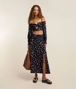 Saia New Midi em Viscose e Linho com Estampa de Oncinhas