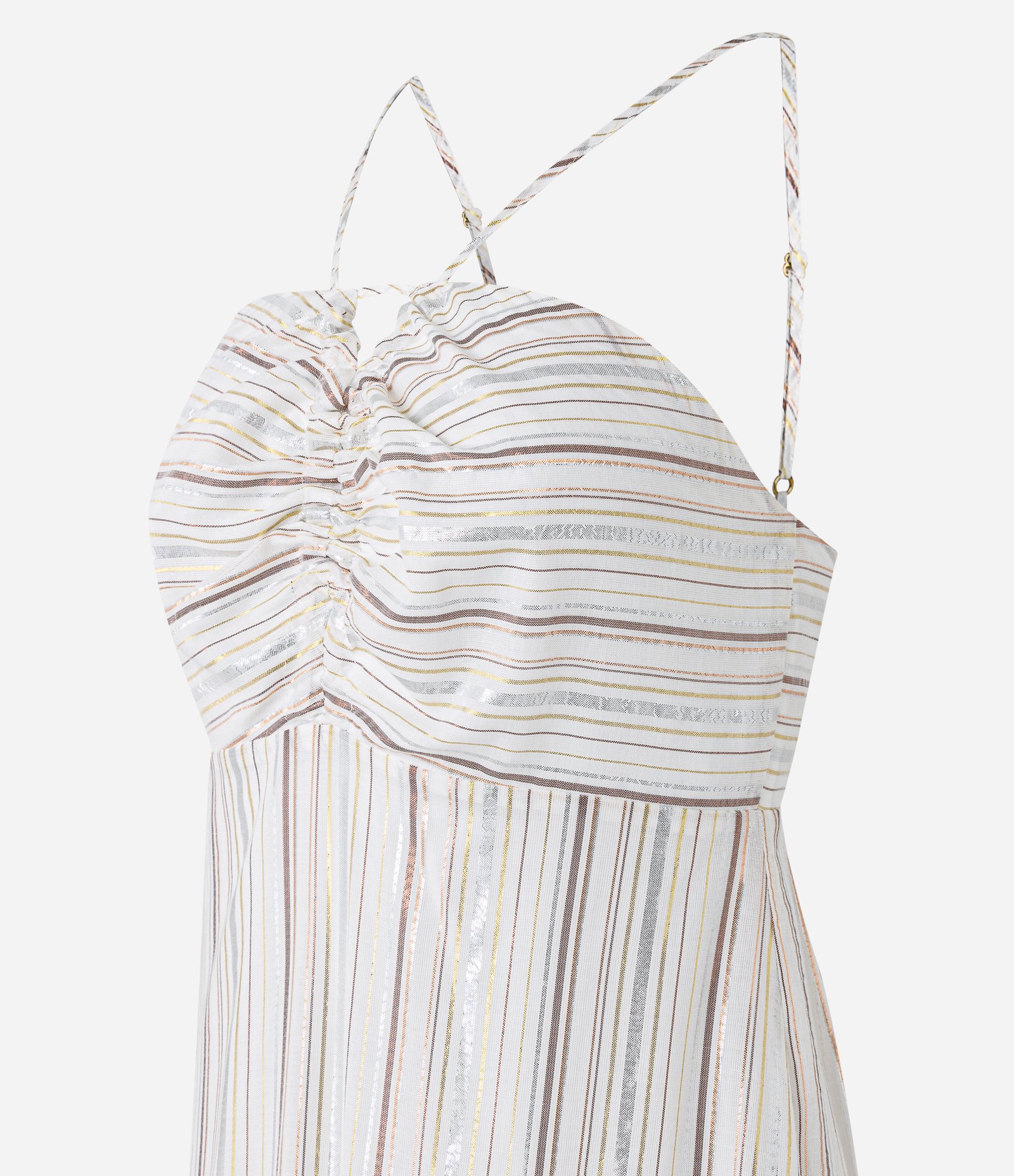 Vestido Midi em Jacquard com Busto Franzido e Listras em Fio Tinto Branco Neve 6