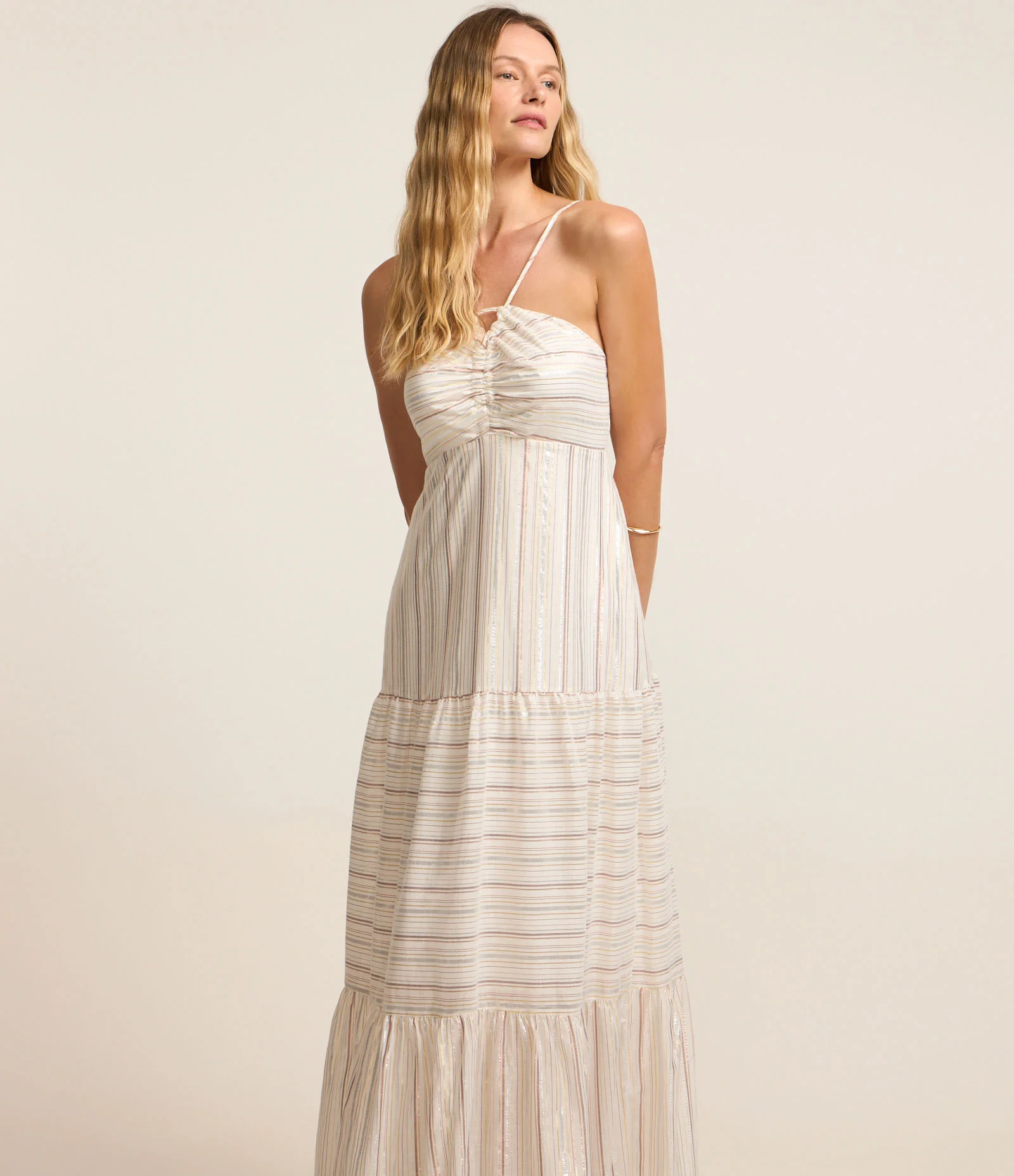 Vestido Midi em Jacquard com Busto Franzido e Listras em Fio Tinto Branco Neve 1