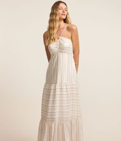 Vestido Midi em Jacquard com Busto Franzido e Listras em Fio Tinto