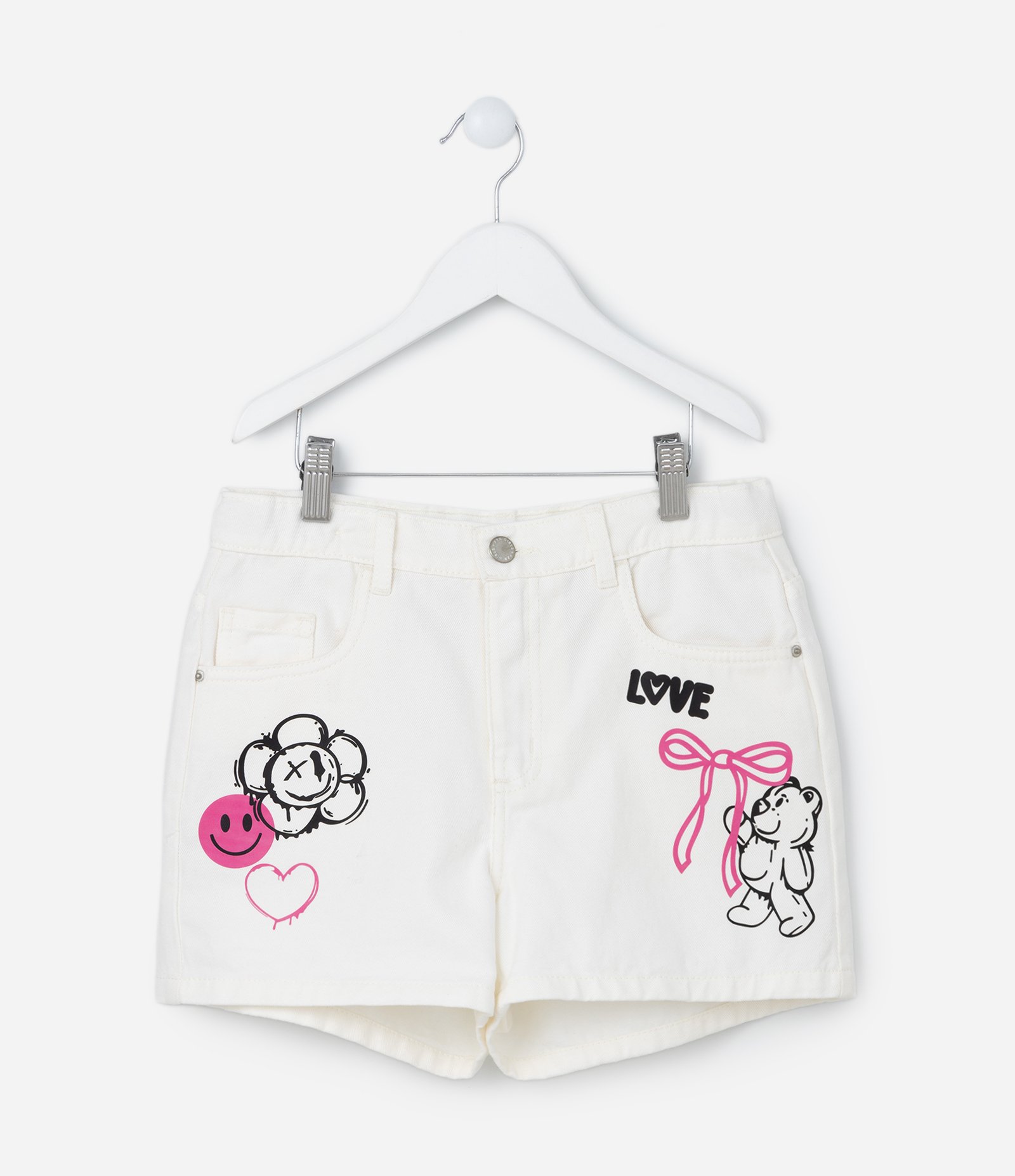 Short Infantil em Jeans com Estampa Ursinho - Tam 5 a 14 Anos Branco Neve 1