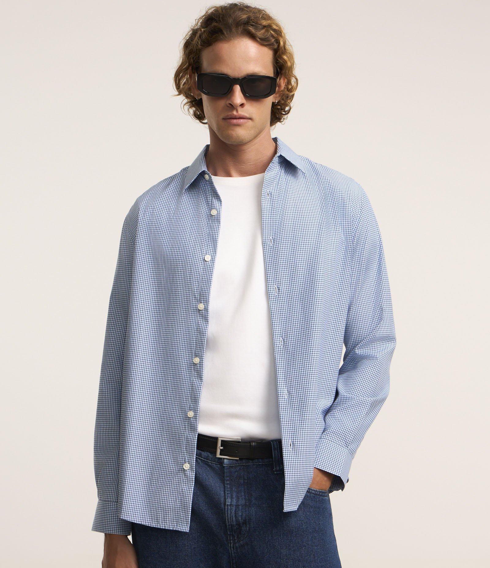 Camisa Regular em Tricoline com Estampa Fio Tinto Azul 1