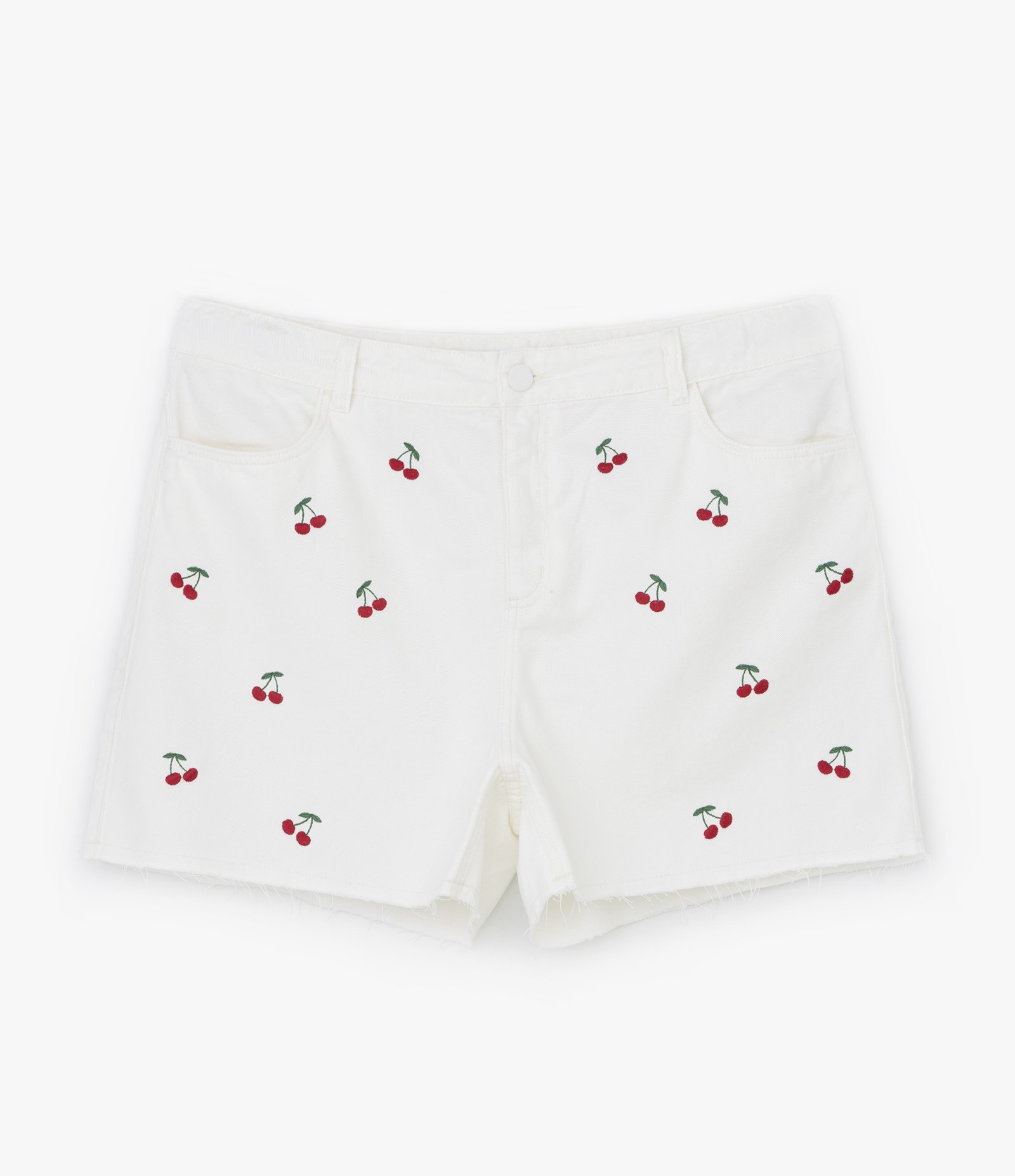 Short Mom em Sarja com Bordado de Cereja Curve & Plus Size Branco 4