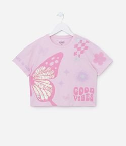 Camiseta Curta Infantil com Borboleta em Paetês - Tam 5 a 14 Anos