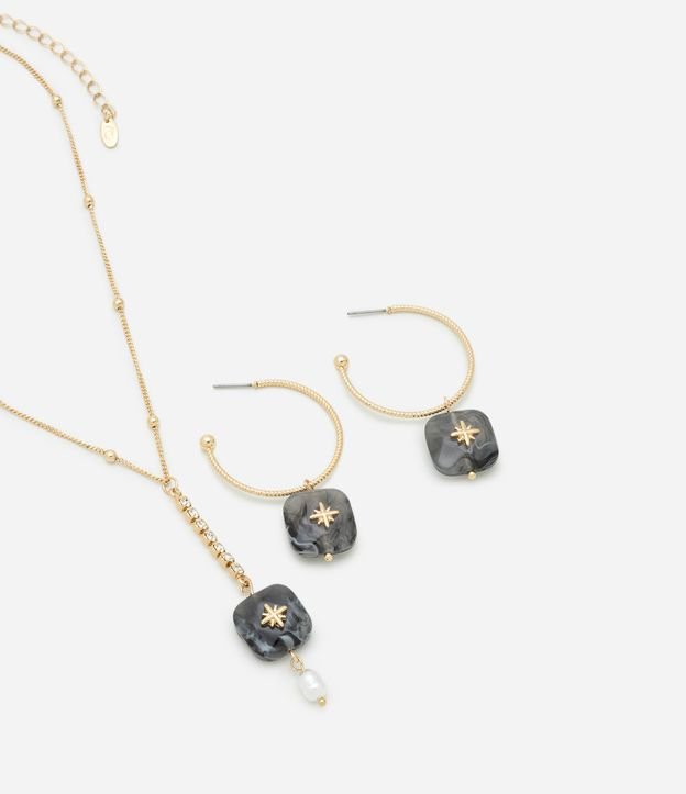 Conjunto de Colar Gravata e Brinco com Pingente com Strass e Resina