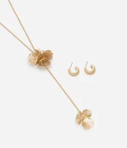 Conjunto de Colar Gravata e Brinco com Pétalas Aramadas Delicadas