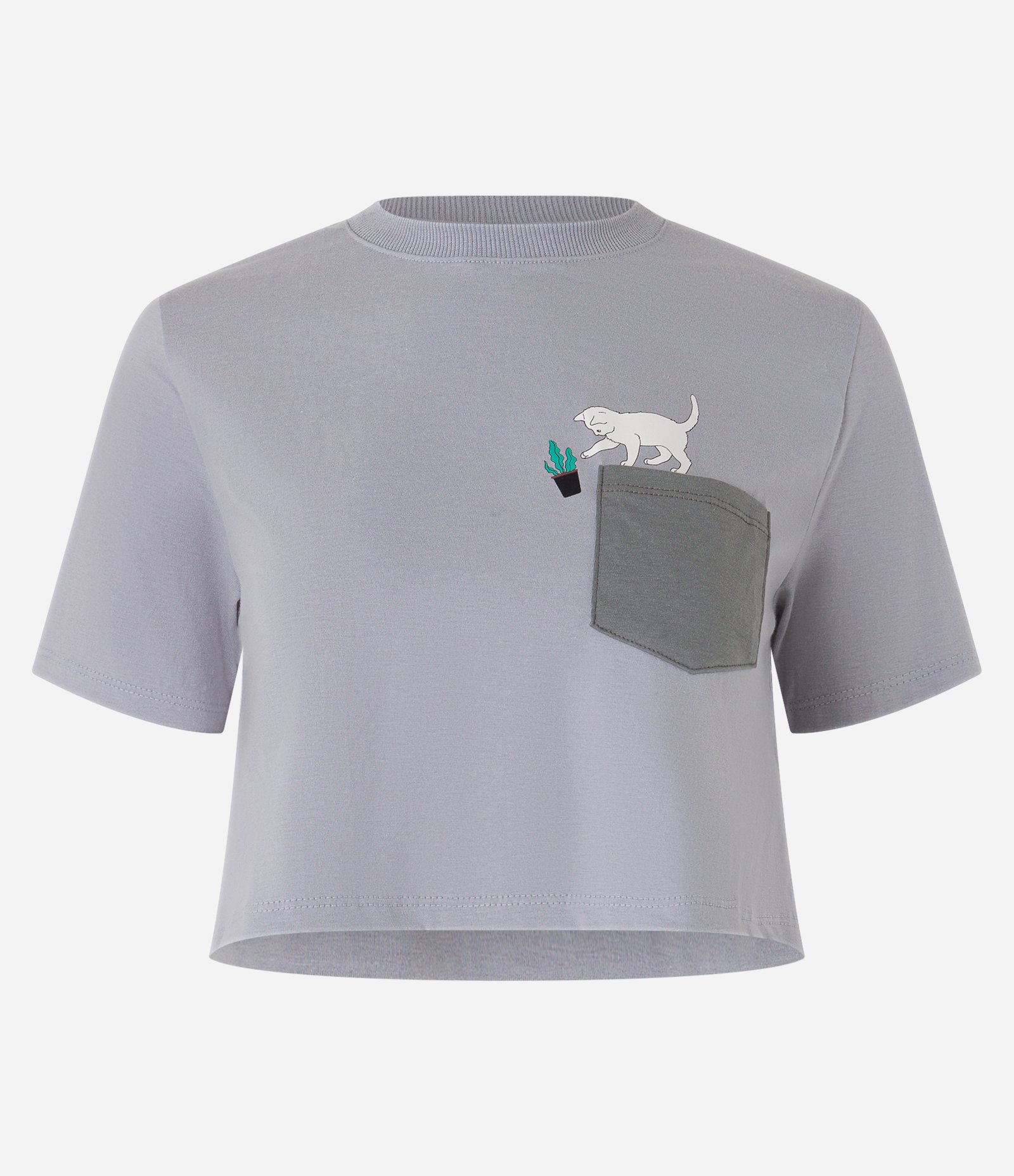 Camiseta Boxy em Algodão com Bolsinho Contrastante e Gatinho Cinza 4