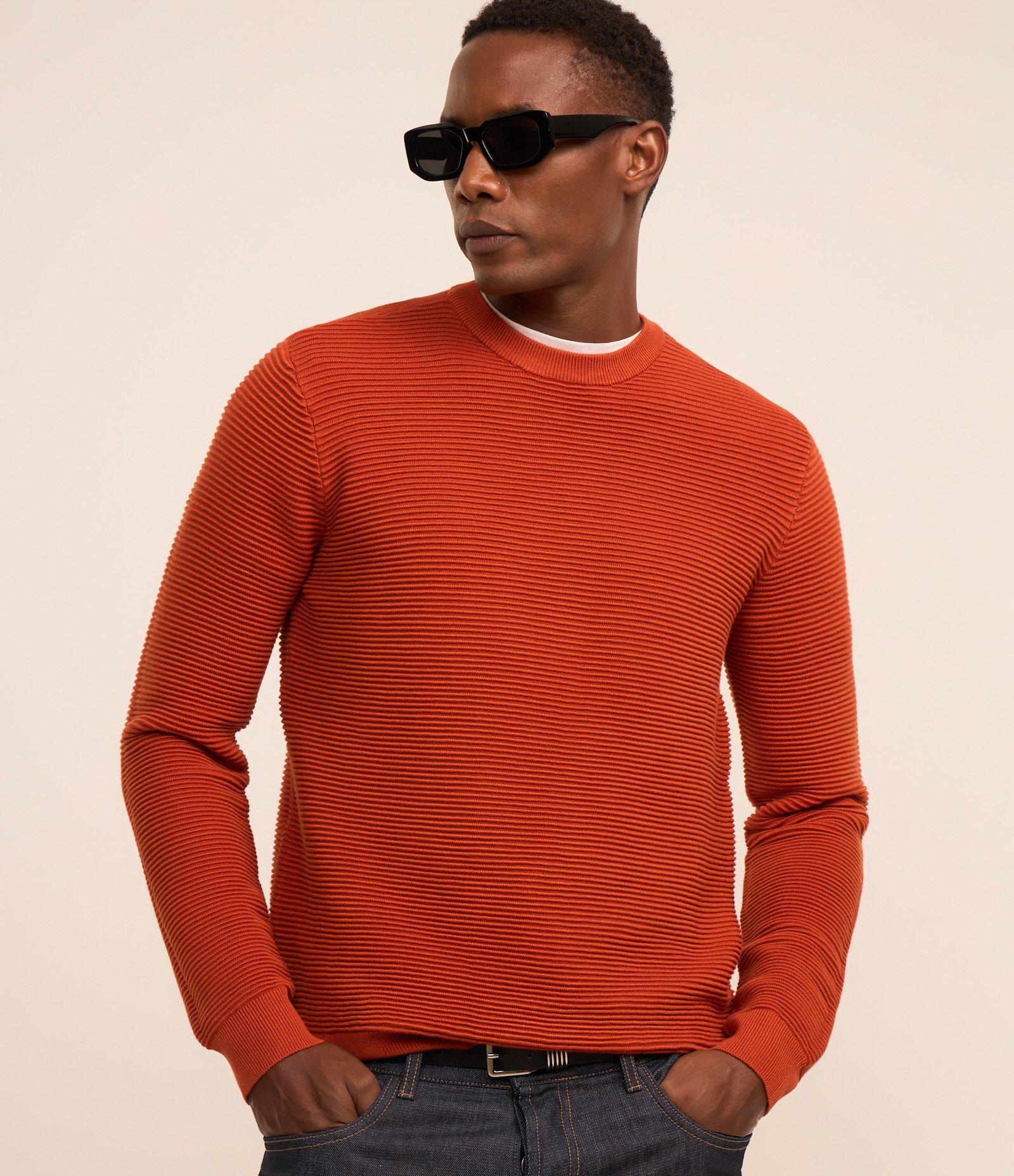 Suéter em Tricô Leve com Texturas Horizontais Terracota 1