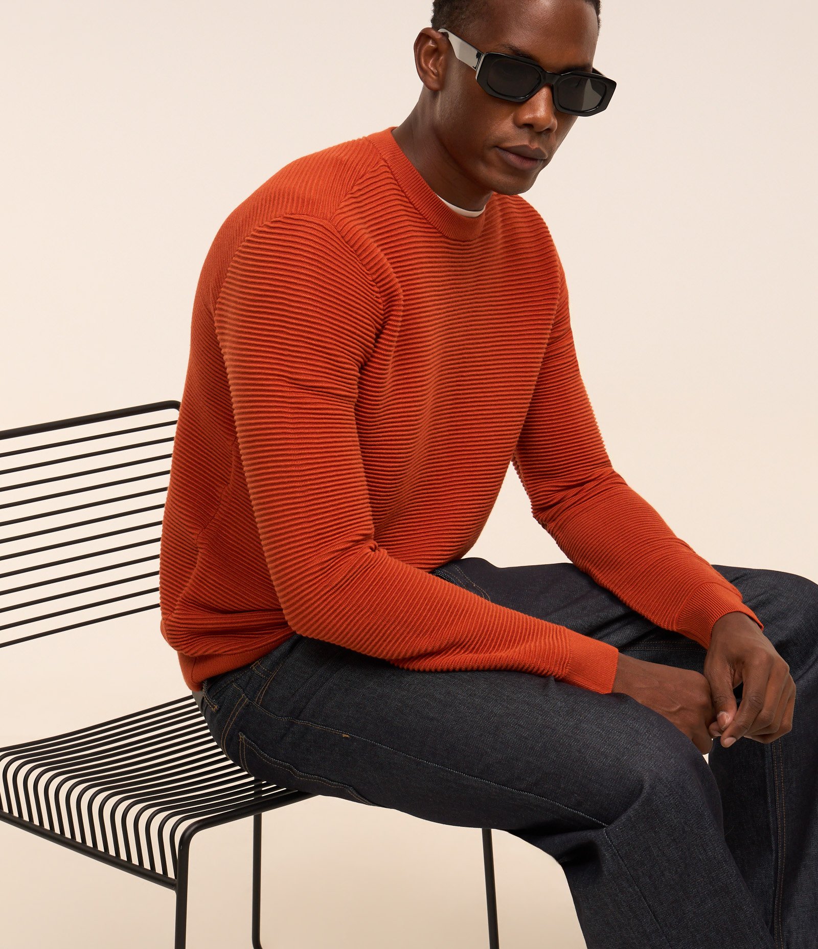 Suéter em Tricô Leve com Texturas Horizontais Terracota 3