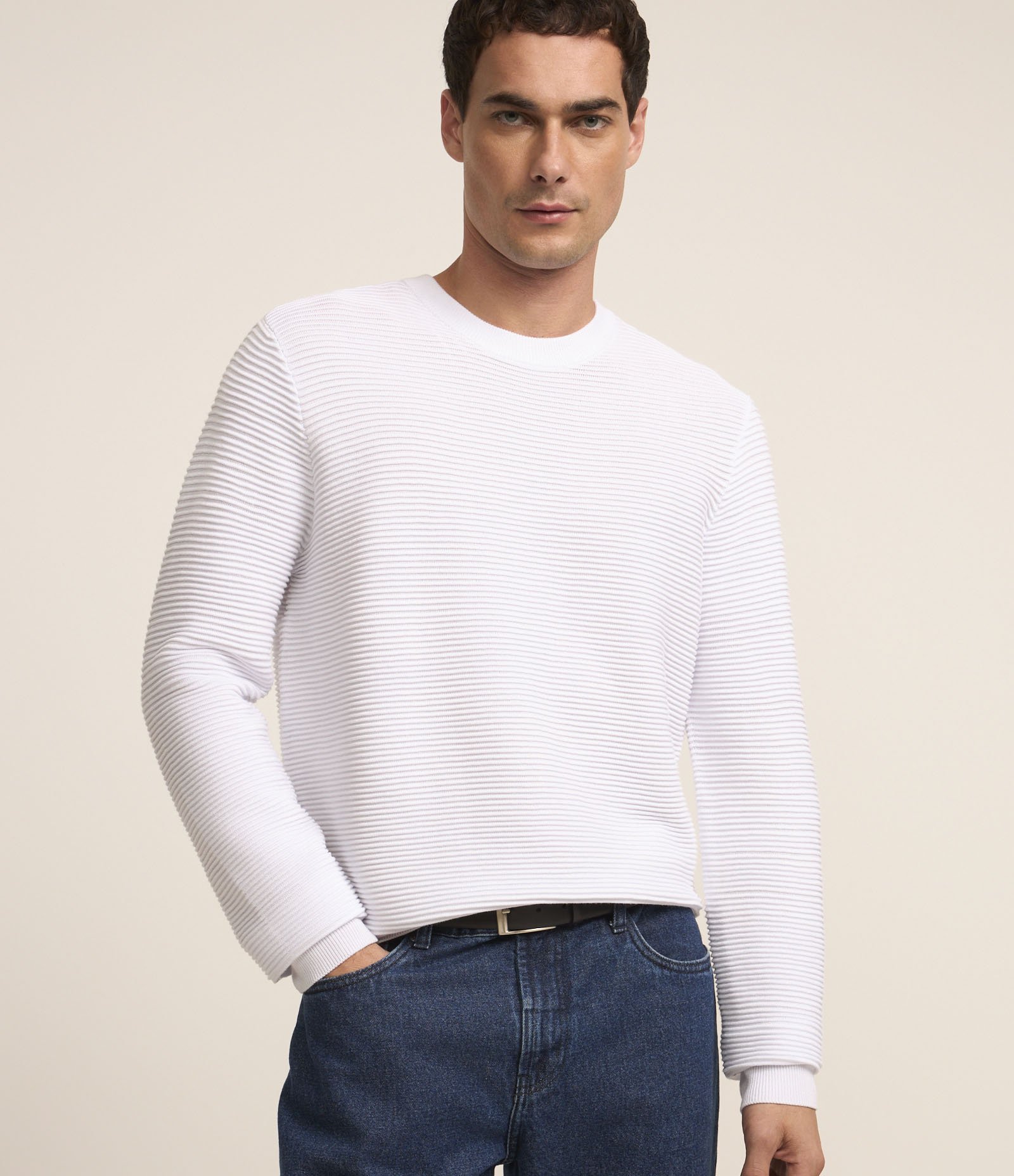 Suéter em Tricô Leve com Texturas Horizontais Branco 1