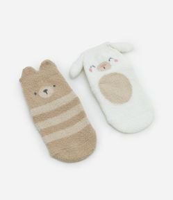 Kit 02 Meias Infantis com Estampa Ursinho e Coelho - Tam RN a 12 meses
