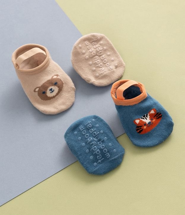 Kit 02 Meias Sapatilhas Infantis Antiaderente com Estampa de Animais - Tam 0 a 12 meses