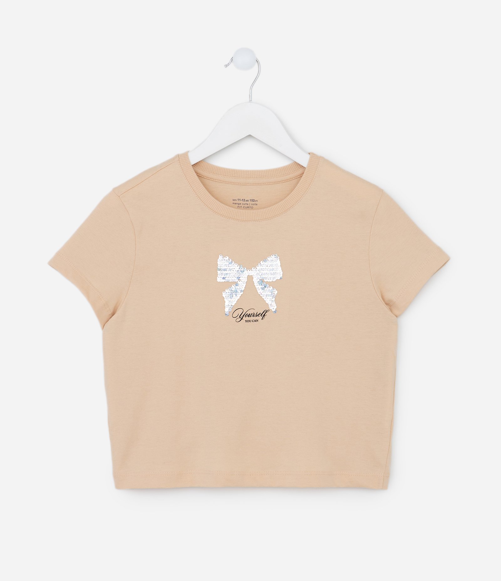 Camiseta Curta Infantil com Bordado Laço em Paetês - Tam 5 a 14 Anos Bege 1