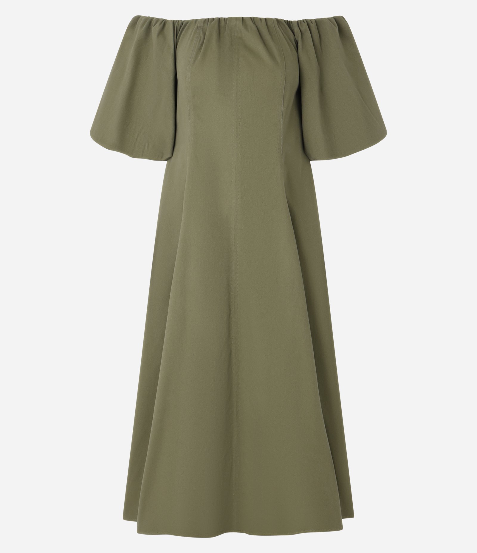 Vestido Midi em Sarja com Manga Balonê e Decote Ombro a Ombro Verde 5