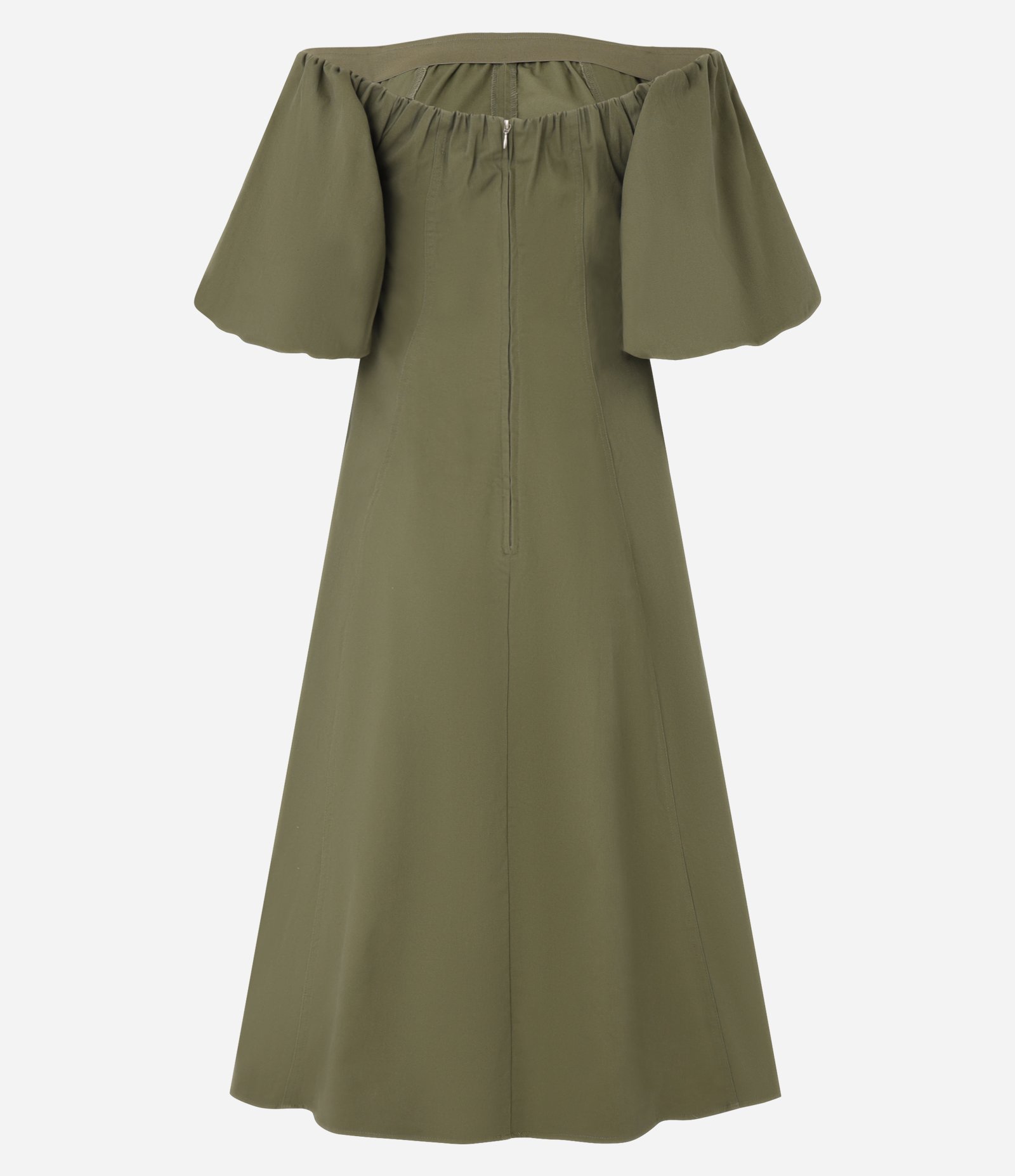 Vestido Midi em Sarja com Manga Balonê e Decote Ombro a Ombro Verde 6