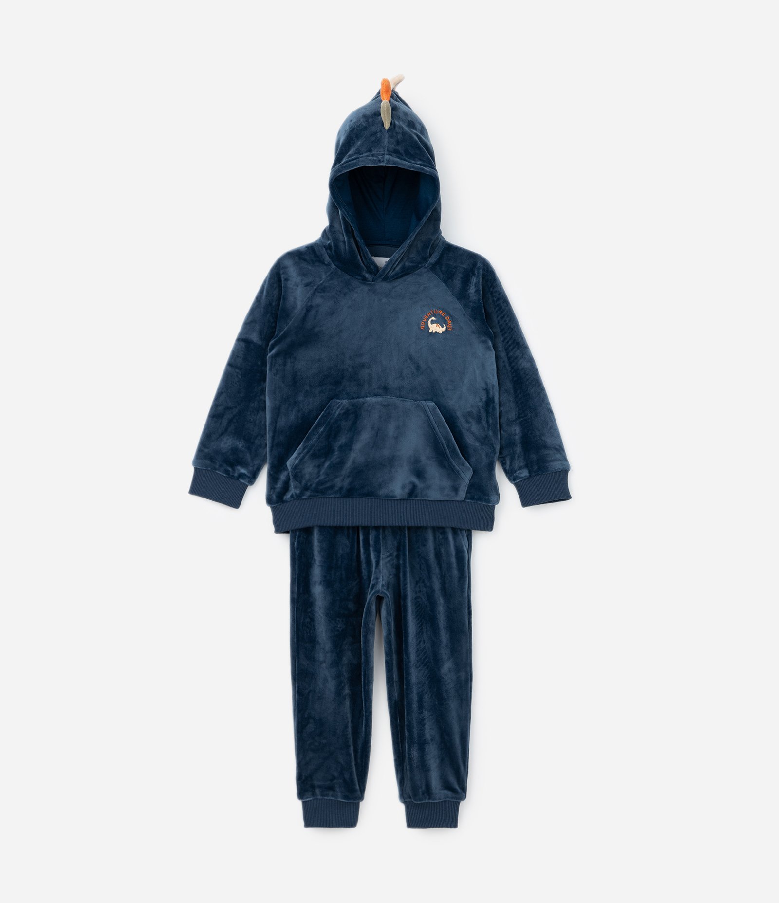 Conjunto Infantil em Plush com Capuz e Crista de Dino - Tam 1 a 4 Anos Azul 1