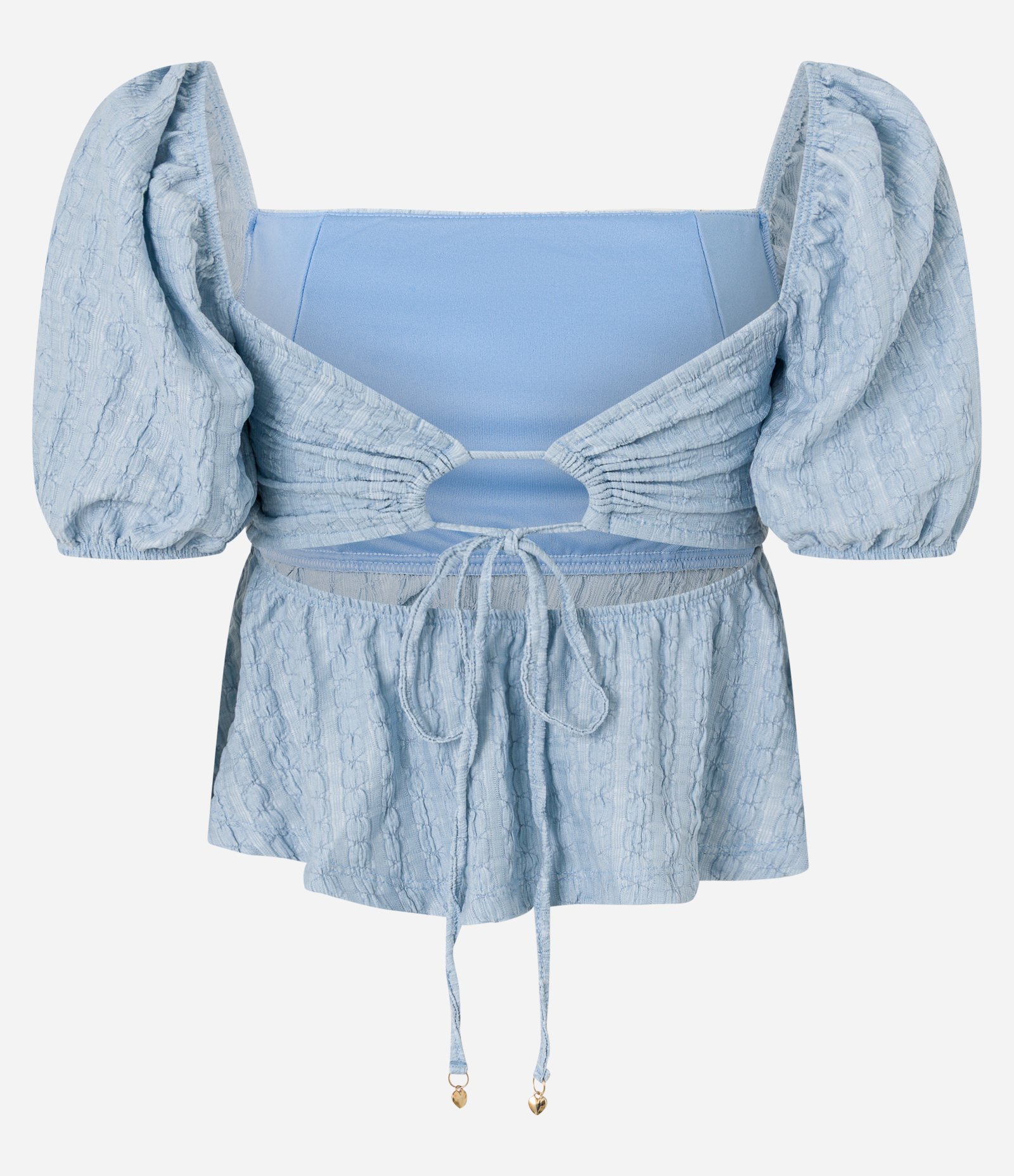 Blusa Texturizada com Manga Bufante e Amarração nas Costas Azul 8