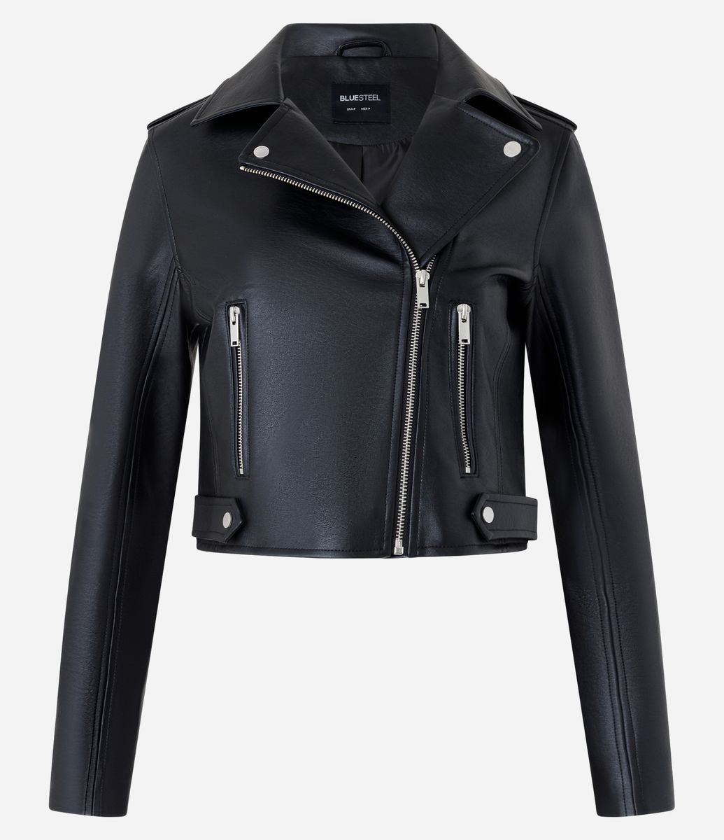 Jaqueta Biker em Pu com Zíper nos Bolsos Preto