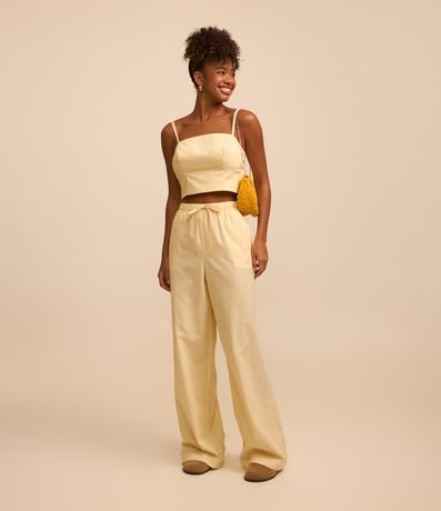 Calça Wide Leg em Tricoline com Listras em Fio Tinto Calça Wide Leg em Tricoline com Listras em Fio Tinto
