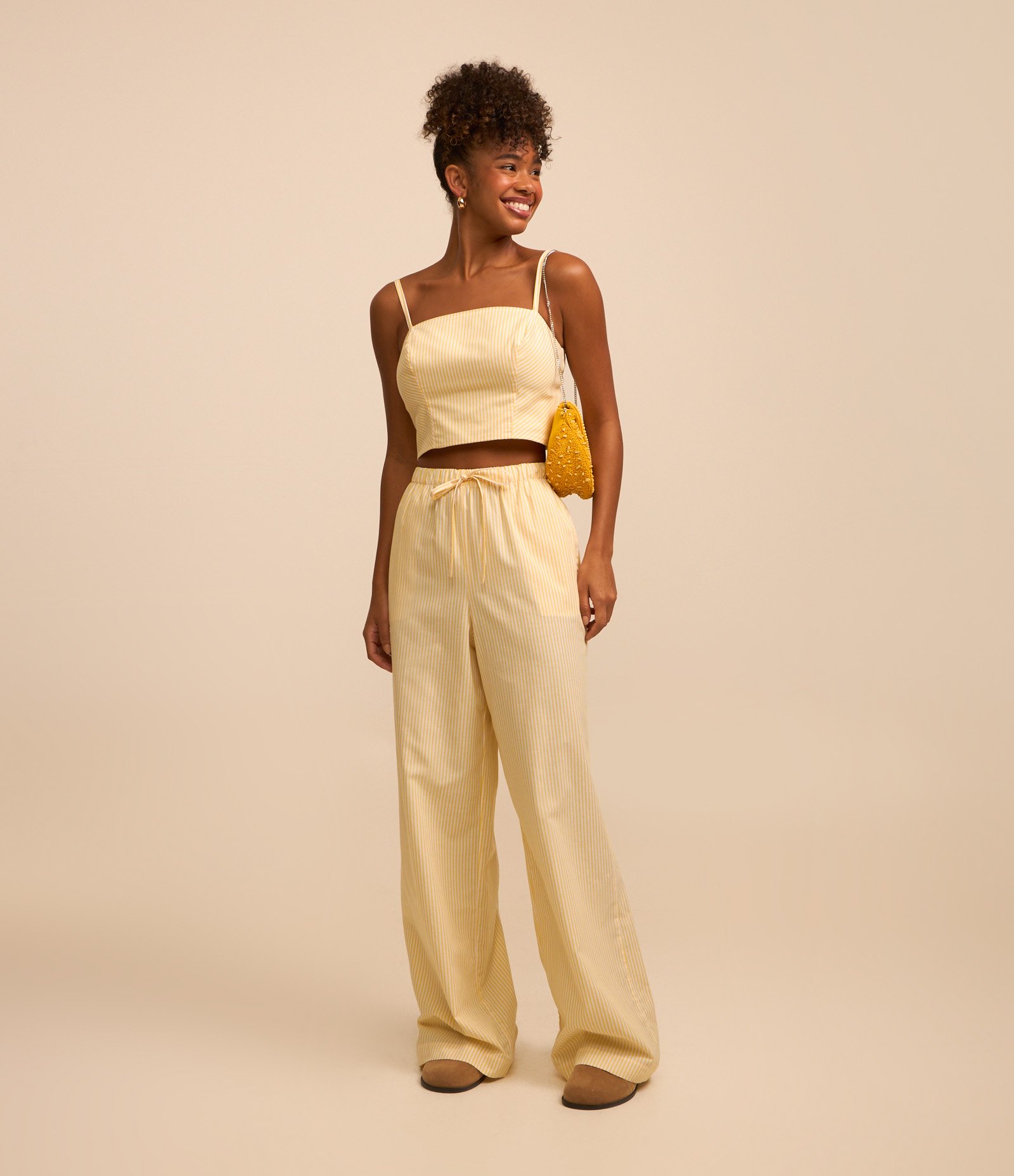Calça Wide Leg em Tricoline com Listras em Fio Tinto Amarelo 1