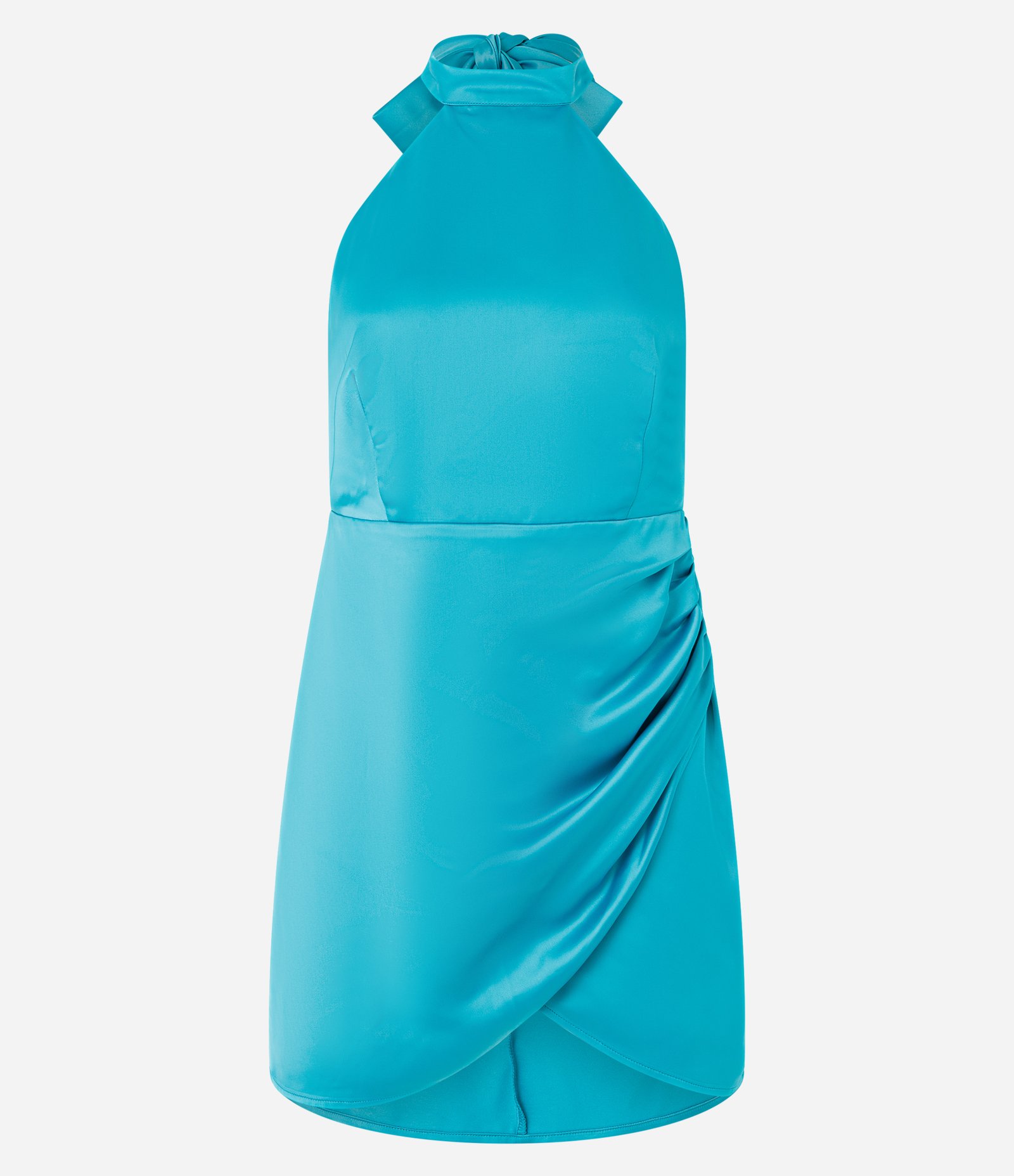 Vestido Curto em Cetim com Decote Halter e Sobreposição Azul 4