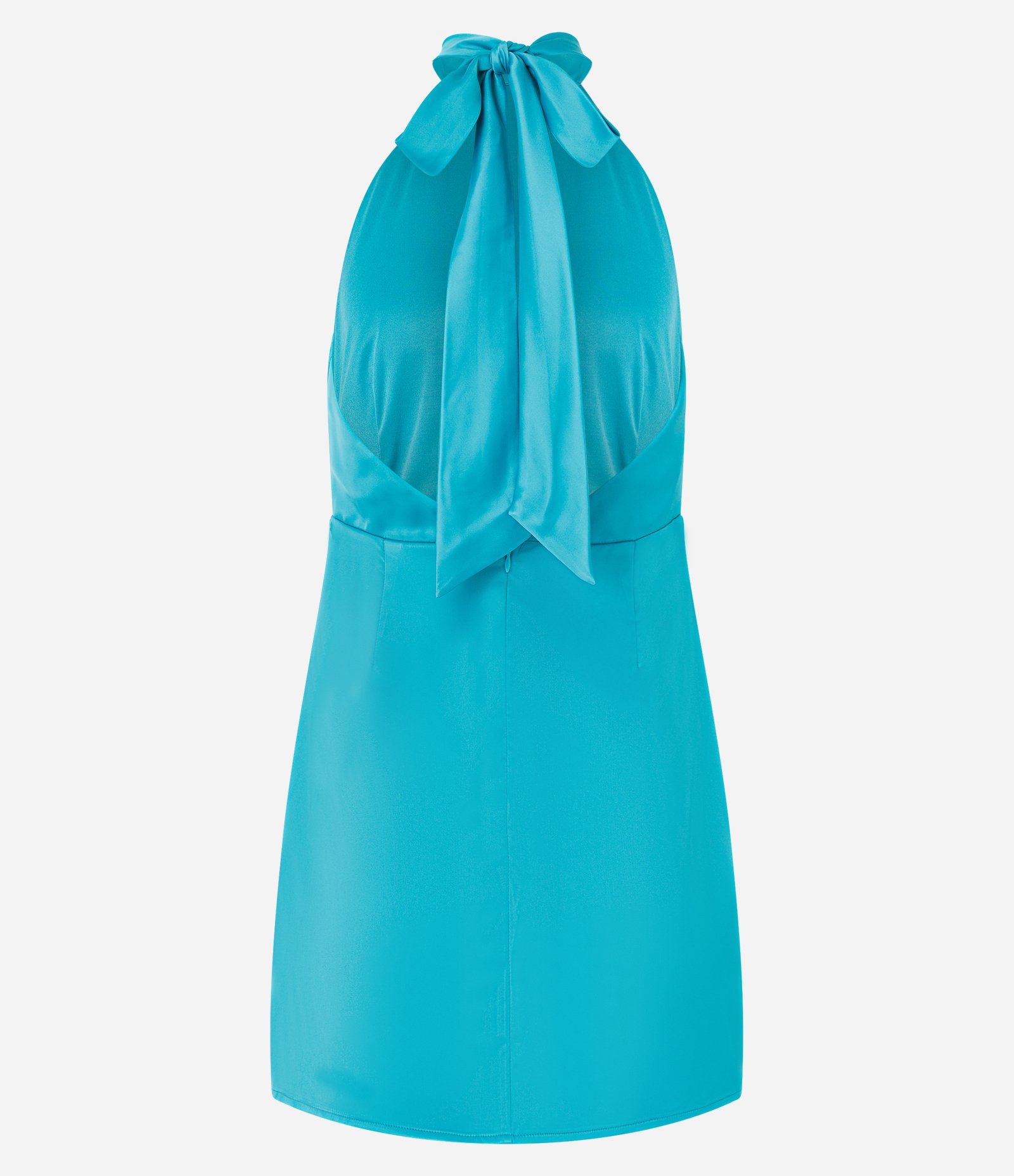 Vestido Curto em Cetim com Decote Halter e Sobreposição Azul 5