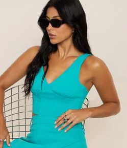 Blusa Cropped Corsetada em Bengaline com Decote V