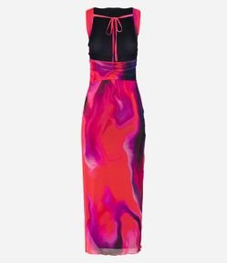 Vestido New Midi em Tule com Amarração e Estampa Abstrata