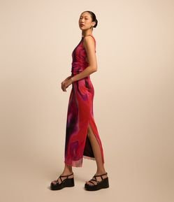 Vestido New Midi em Tule com Amarração e Estampa Abstrata