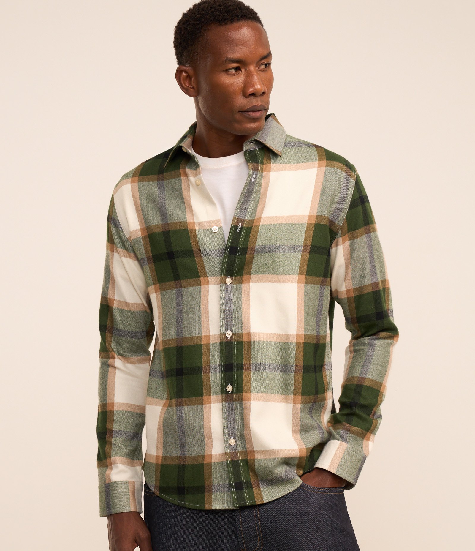 Camisa Manga Longa em Flanela Xadrez Verde/Caramelo/Branco 1