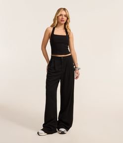 Calça Wide Leg em Moletom com Botão no Cós