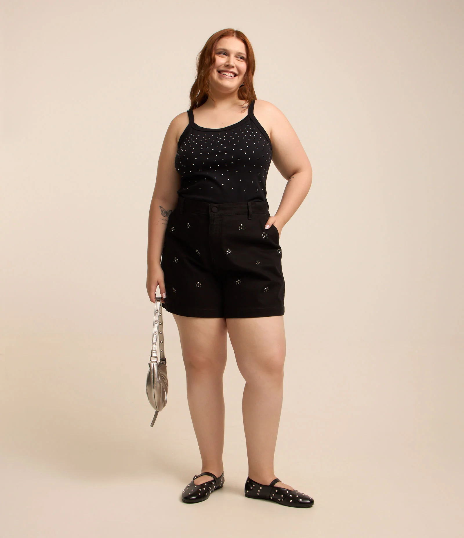 Short Mom em Sarja com Cristais Curve & Plus Size Preto 1