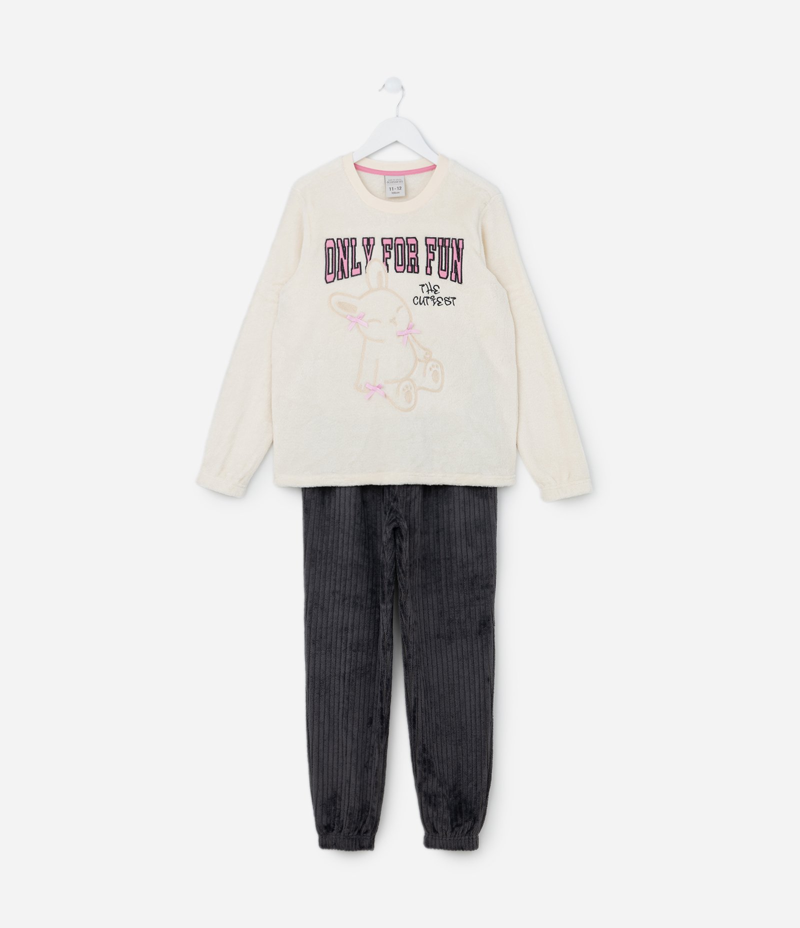 Pijama Longo Infanril em Fleece com Bordado de Coelha e Lacinhos - Tam 5 a 14 anos Bege/Cinza Escuro 1