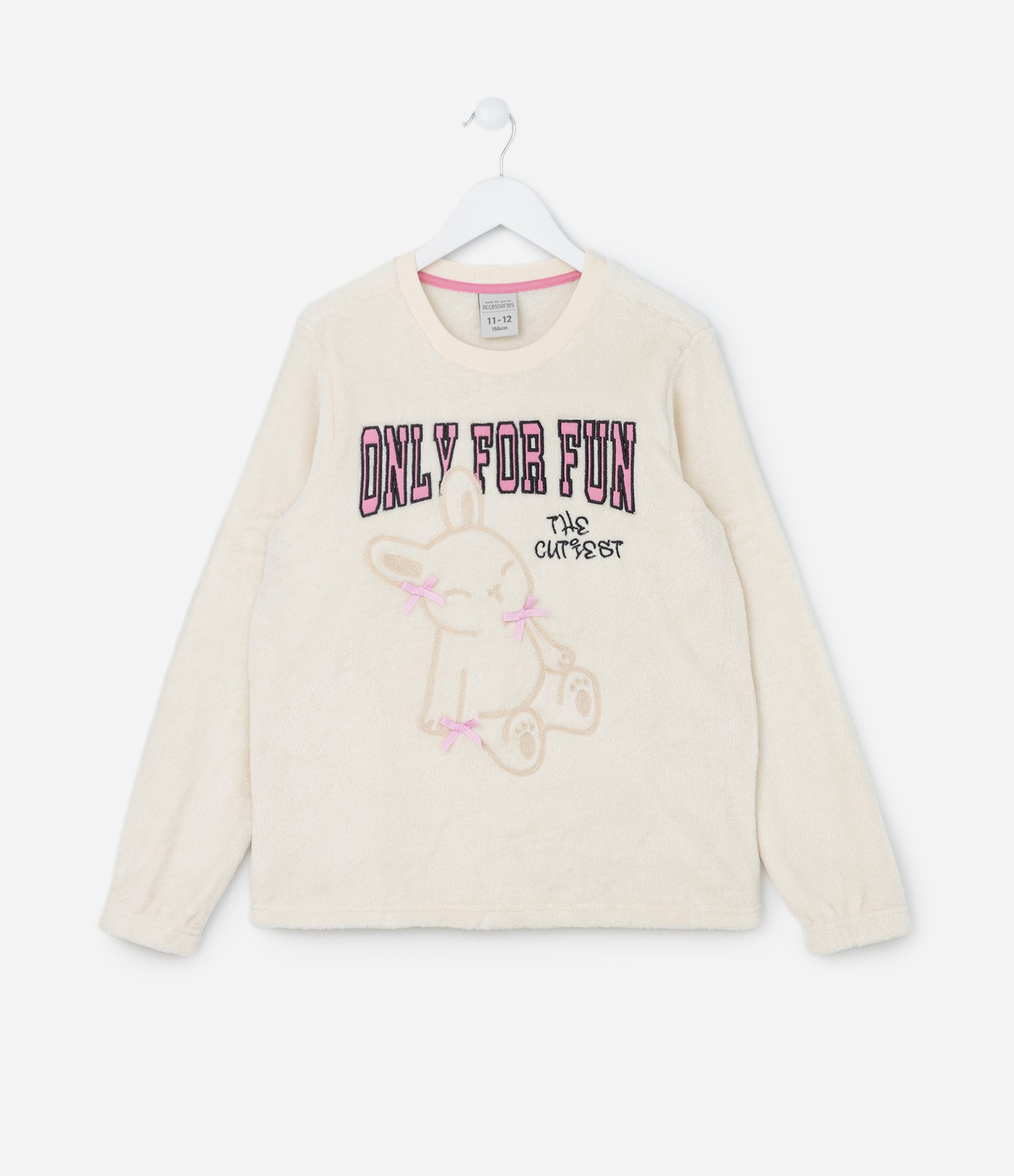 Pijama Longo Infanril em Fleece com Bordado de Coelha e Lacinhos - Tam 5 a 14 anos Bege/Cinza Escuro 2