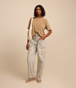 Calça Baggy em Jeans com Efeito Dirty e Listras