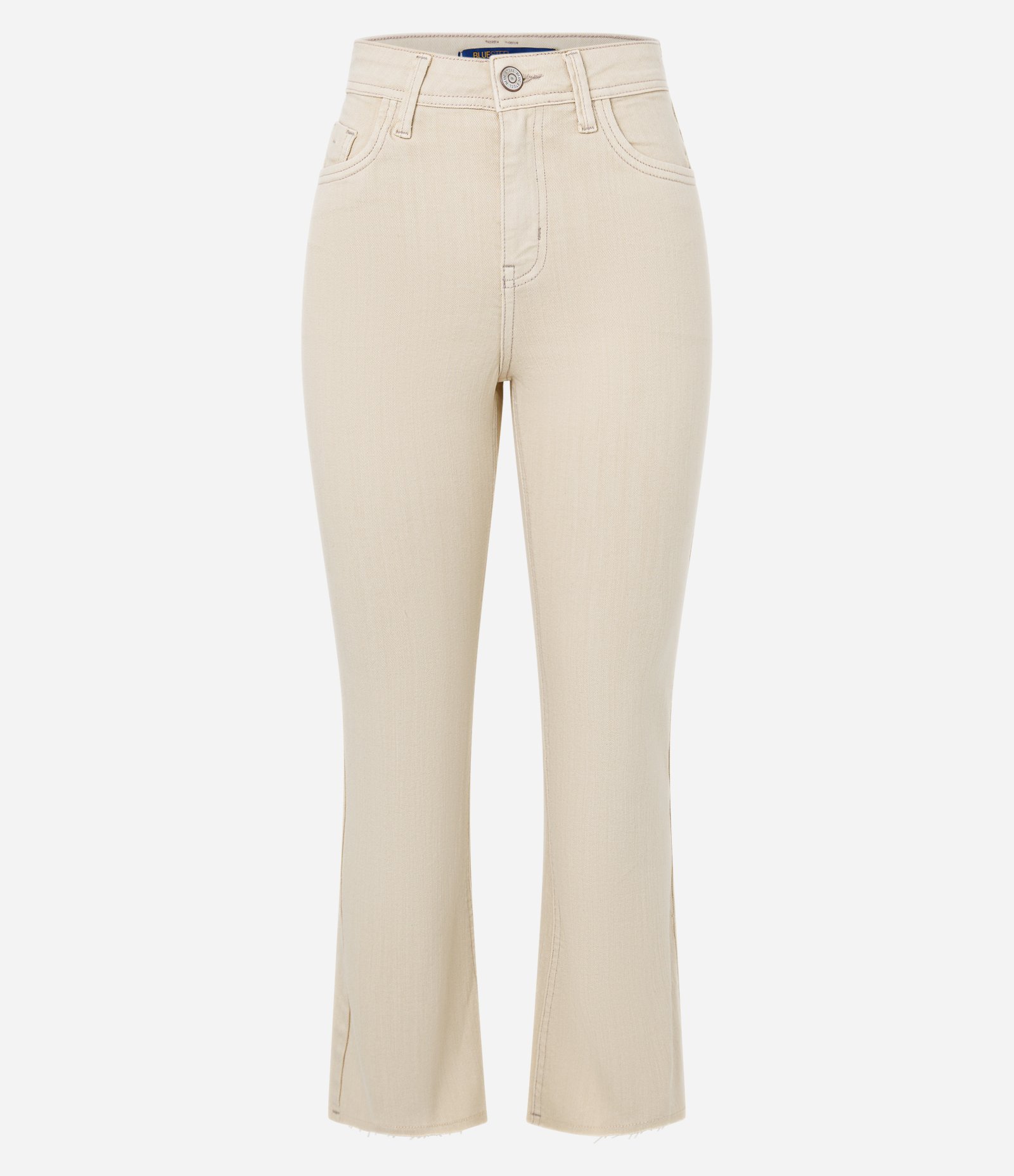 Calça Flare Cropped em Sarja com Barra Desfiada Bege 5