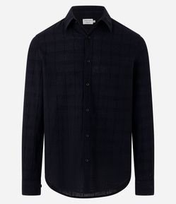 Camisa Regular em Linho com Textura Grid e Manga Longa